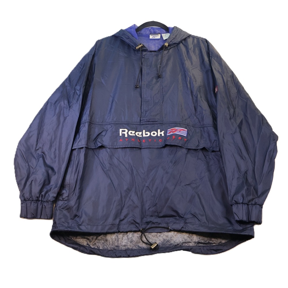 Reebok Mens M Windbreaker Navy Blue Vintage Athletic Dept Anorak Pullover Hooded